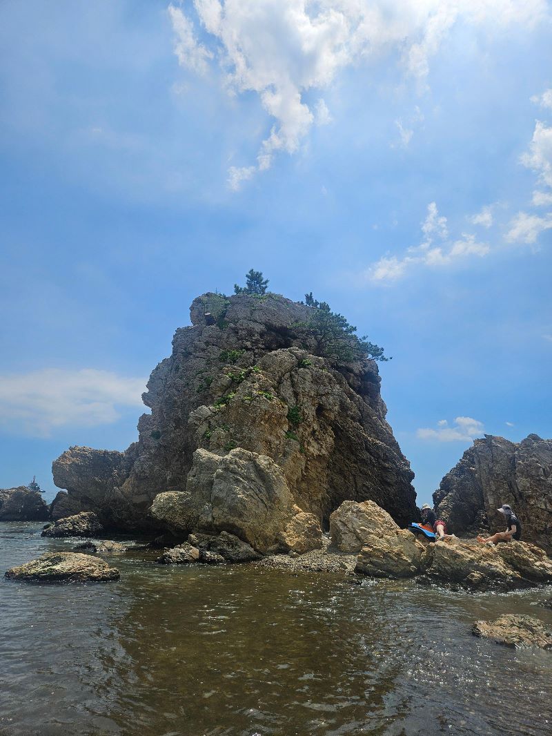 신창간이해변 해안가에 독특하게 솟아오른 거친 질감의 바위섬 전경