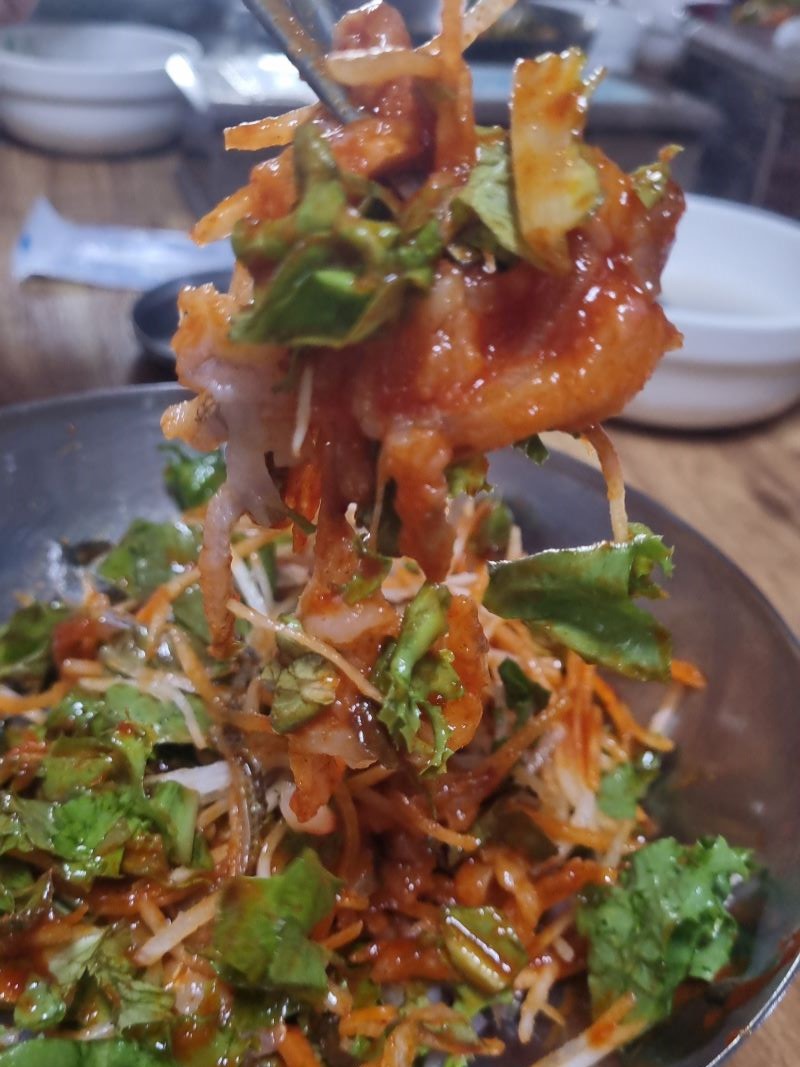 경주 용산회식당 비법 초장에 잘 비벼진 회를 젓가락으로 집어 올린 모습